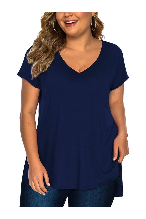 Womens Plus Size Tops Short Sleeve High Low Shirts(Blue 5X)