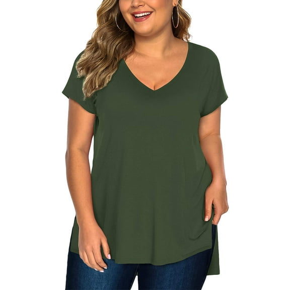 Fancyglim Womens Plus Size Tops Short Sleeve High Low Shirts(Green 5X)
