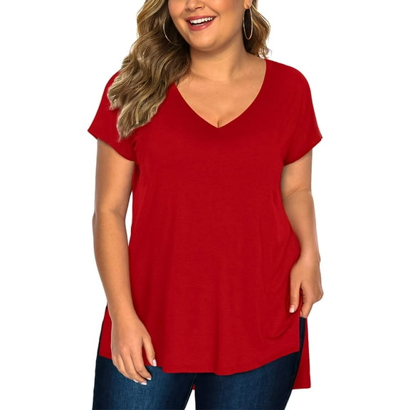 Fancyglim Womens Plus Size Tops Short Sleeve High Low Shirts(Red 2X)
