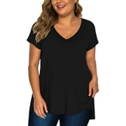 Amoretu Womens Plus Size Tops V Neck Short Sleeve High Low Shirts(Black 2X)