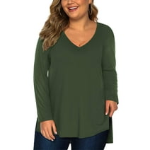 Amoretu Womens Plus Size Tshirts Long Sleeve Shirts V Neck Tops(Green 1X)