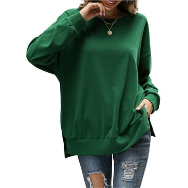 Fancyglim Womens Pullover Sweatshirt Drop Shoulder Crewneck Long Sleeve Tops Green S