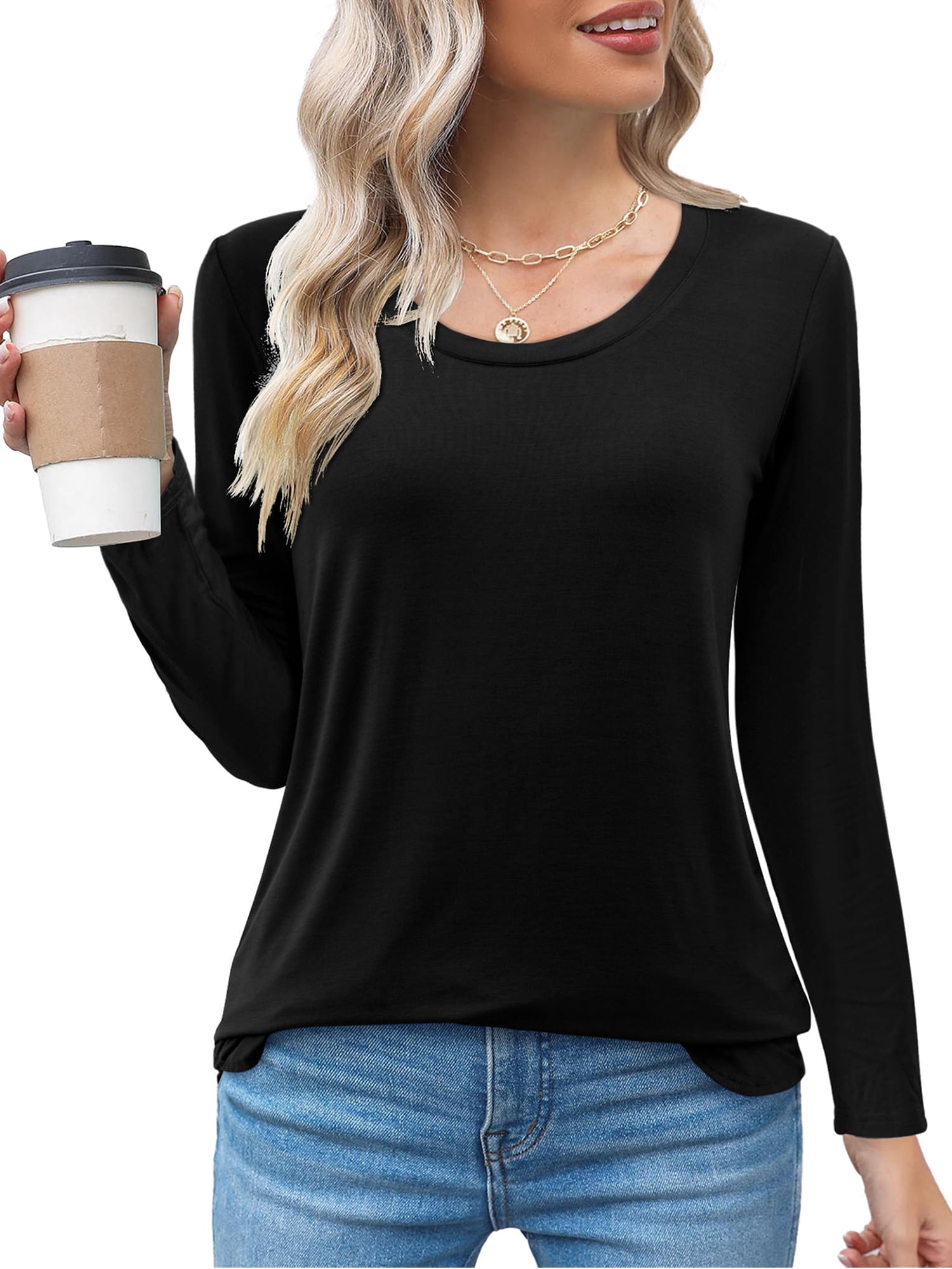 Amoretu Womens Scoop Neck Long Sleeve Shirts Fitted Tops(Black S)