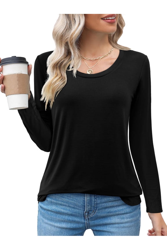 Womens Scoop Neck Long Sleeve Shirts Fitted Tops(Black XL)
