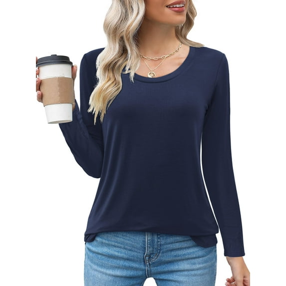 Fancyglim Womens Scoop Neck Long Sleeve Shirts Fitted Tops(Blue XL)