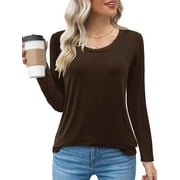Amoretu Womens Scoop Neck Long Sleeve Shirts Fitted Tops(Brown XL)