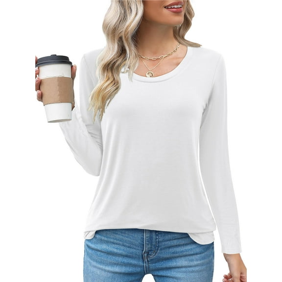 Fancyglim Womens Scoop Neck Long Sleeve Shirts Fitted Tops(White XL)