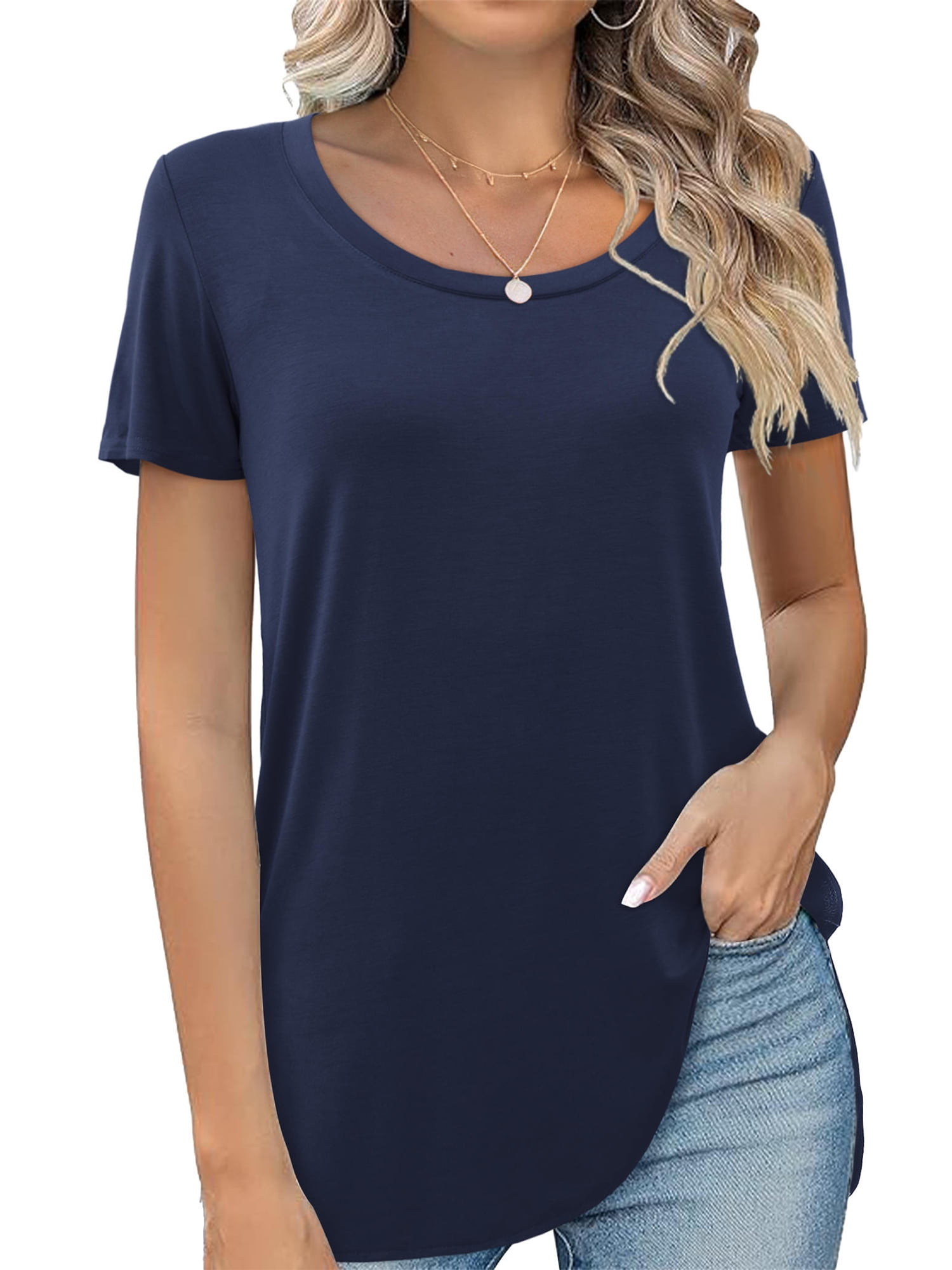 Fancyglim Womens Scoop Neck T Shirts Short Sleeve High Low Tops Navy ...