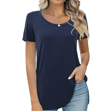 Fancyglim Womens Scoop Neck Top Summer Cute Split Tunic Tee Shirt Navy Blue S