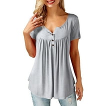 Amoretu Womens Short Sleeve Tunic Button Up TShirts Soft Blouses Tops (Grey, 2XL)