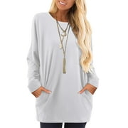Fancyglim Womens T Shirts Long Sleeve Blouses Tunic Tops with Pockets White XL
