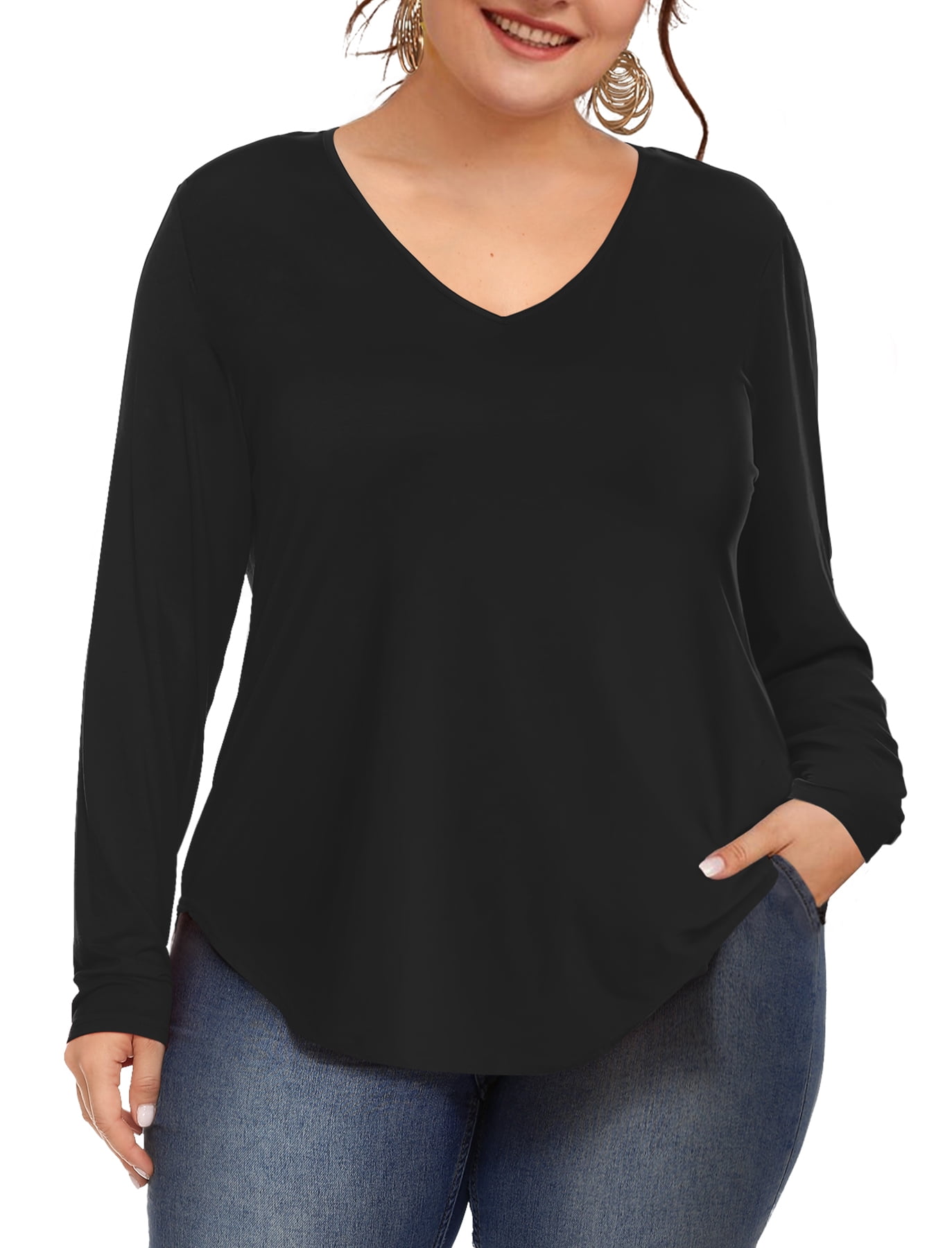 Amoretu Womens T Shirts Long Sleeve V Neck Plus Size Tops Blouses ...
