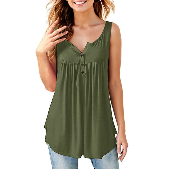 Fancyglim Womens Tank Top Summer Sleeveless Henley Shirt Pleated Tunic Green L