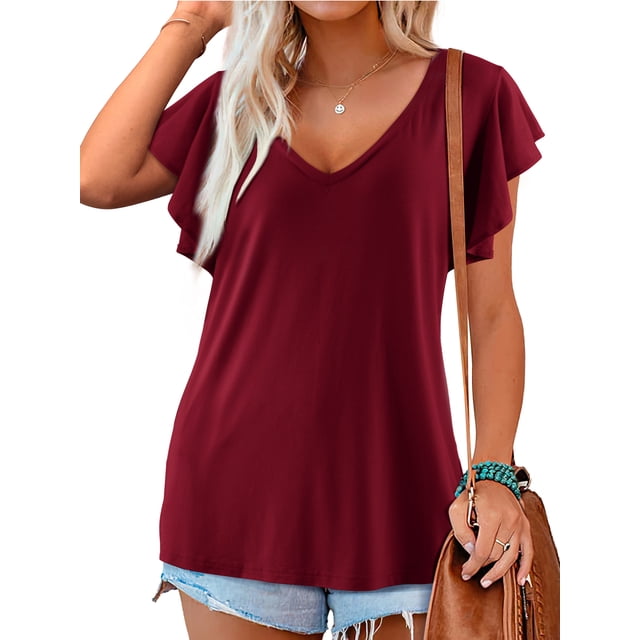 Fancyglim Womens Tee Shirts Summer V Neck Short Sleeve Basic Tops ...