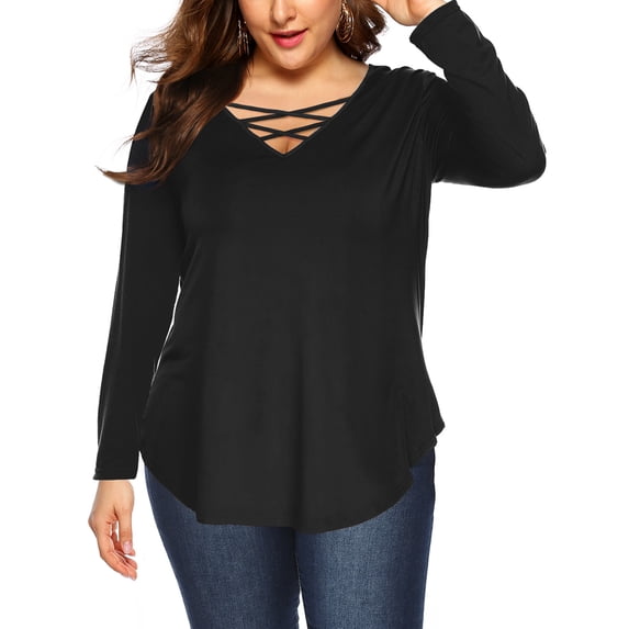 Amoretu Womens Tops Casual Long Sleeve V Neck Plus Size T Shirts Black XL