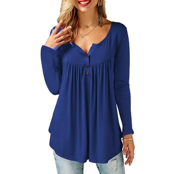 Amoretu Womens Tops Long Sleeve Tunic Blouse V Neck Loose Tshirts Blue 4XL