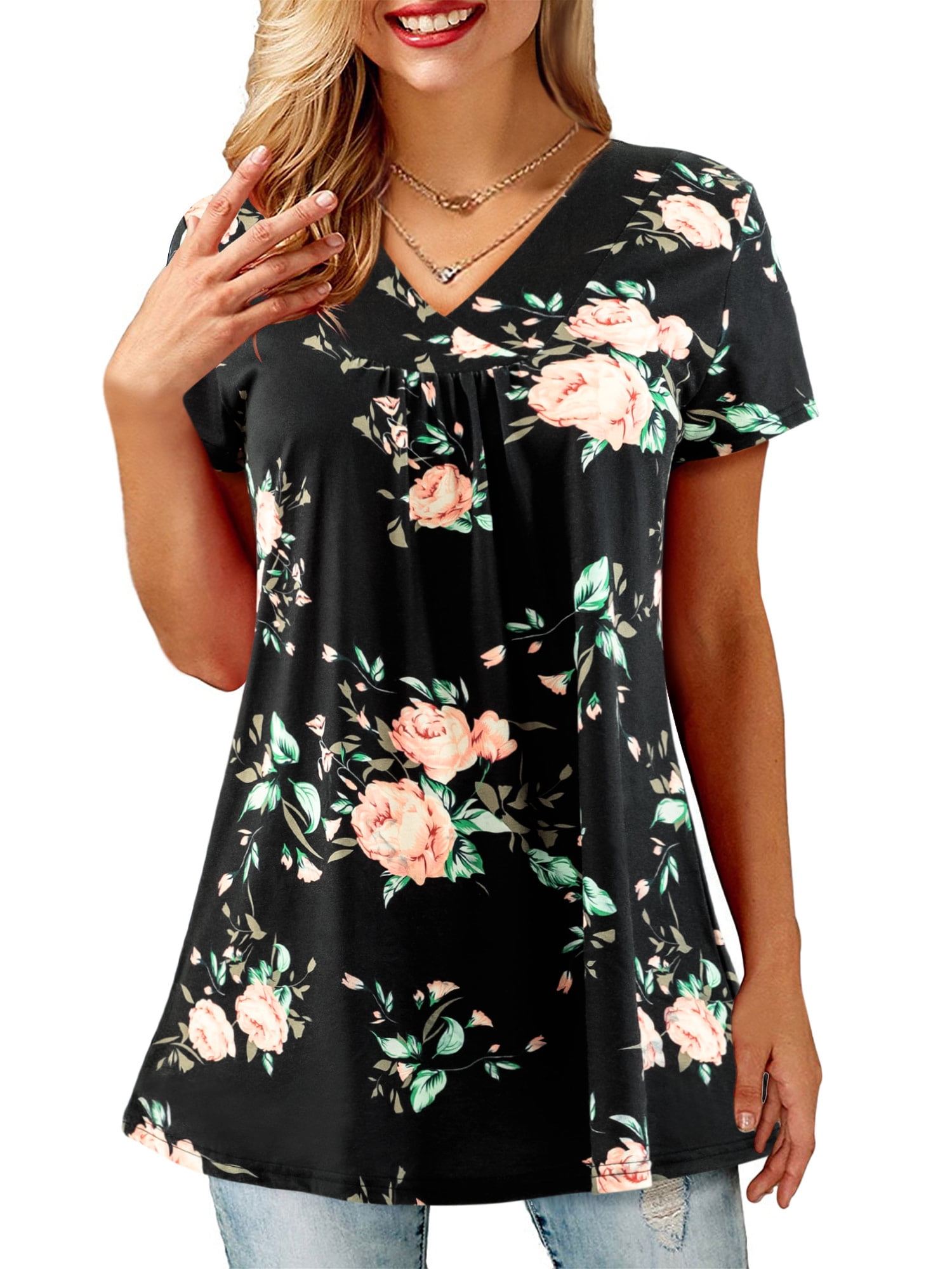 Amoretu Womens V Neck Short Sleeve Shirt Floral Blouses Tunic Tops ...
