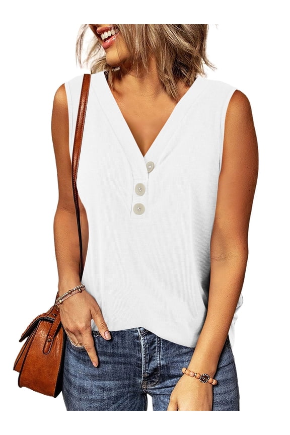 Womens V Neck Tank Henley Tops Sleeveless Casual Shirts White S