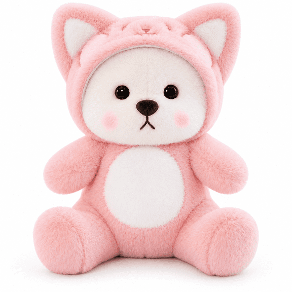 Amorie Pink Cat Hood Bear Plush Toy, 15.7 in, Non-Removable Hood
