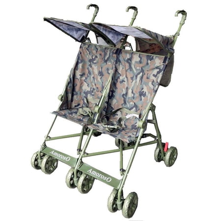 AmorosO Twin Lightweight Double Umbrella Stroller, Easy to Clean Baby Stroller with Four Wheels, Foldable & Travel-Ready Compact Stroller, Sunlight and Light Rain Protection, Camouflage