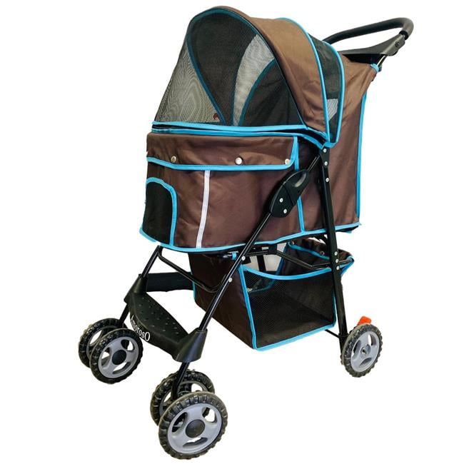 Brown and Turquoise Foldable Pet Stroller with Storage Basket