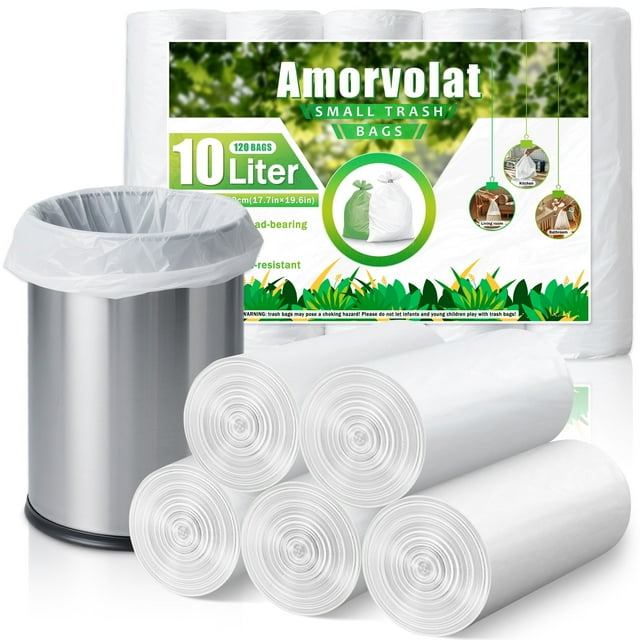 Amorvolat 3 Gallon/10L Garbage Bags Small Trash Bags for Bathroom, Office, Bedroom, Kitchen, 120 Count,White
