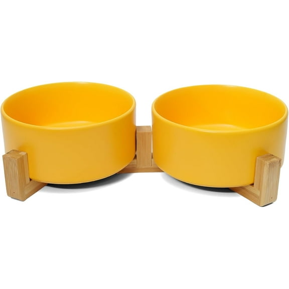 Amorvolat Ceramic Dog and Cat Bowl with Wood Stand Non-Slip Matte Glaze Weighted Food Water Set for Cat Medium Dog 28.7 OZ