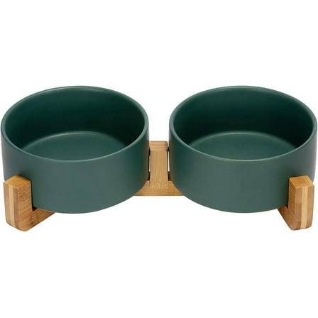 Amorvolat Ceramic Dog and Cat Bowl with Wood Stand Non-Slip Matte Glaze Weighted Food Water Set for Cats &Small Dogs 13.5 OZ Green