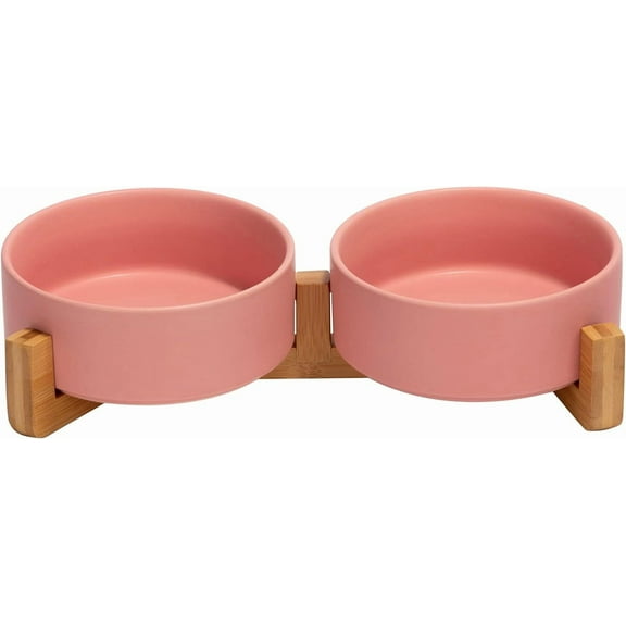 Amorvolat Ceramic Dog and Cat Bowl with Wood Stand Non-Slip Matte Glaze Weighted Food Water Set for Cats &Small Dogs 13.5OZ