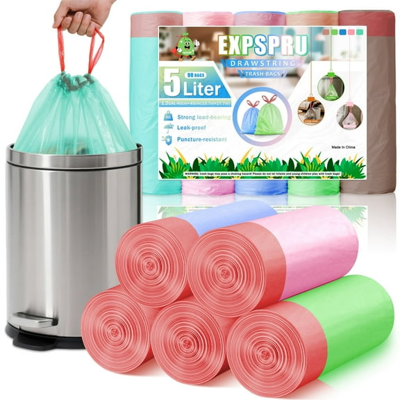 Amorvolat Small Garbage Bags 1.2 Gallon Trash Bags 5L Mini Bin Liners with Tie Handle Strong Drawstring Trash Bags for Bathroom,90 Count,Colorful