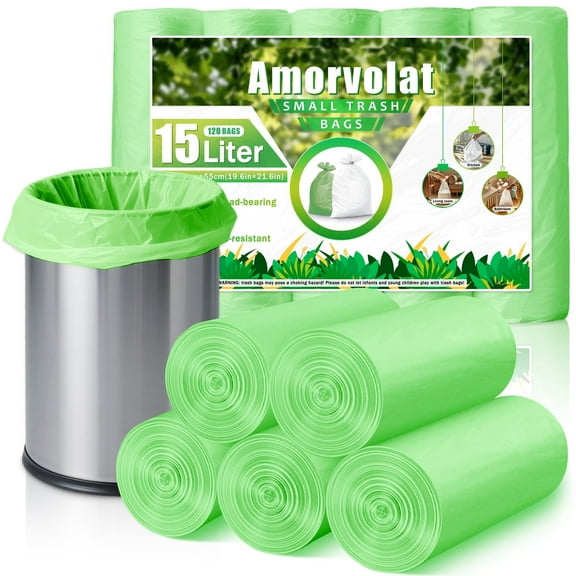 Amorvolat Small Trash Bags 4 Gallon Garbage Bags 15 Liter - Heavy Duty Trash Can Bags for Bathroom, Office, Bedroom, Kitchen, Durable & Leak-Proof, 120 Count Green