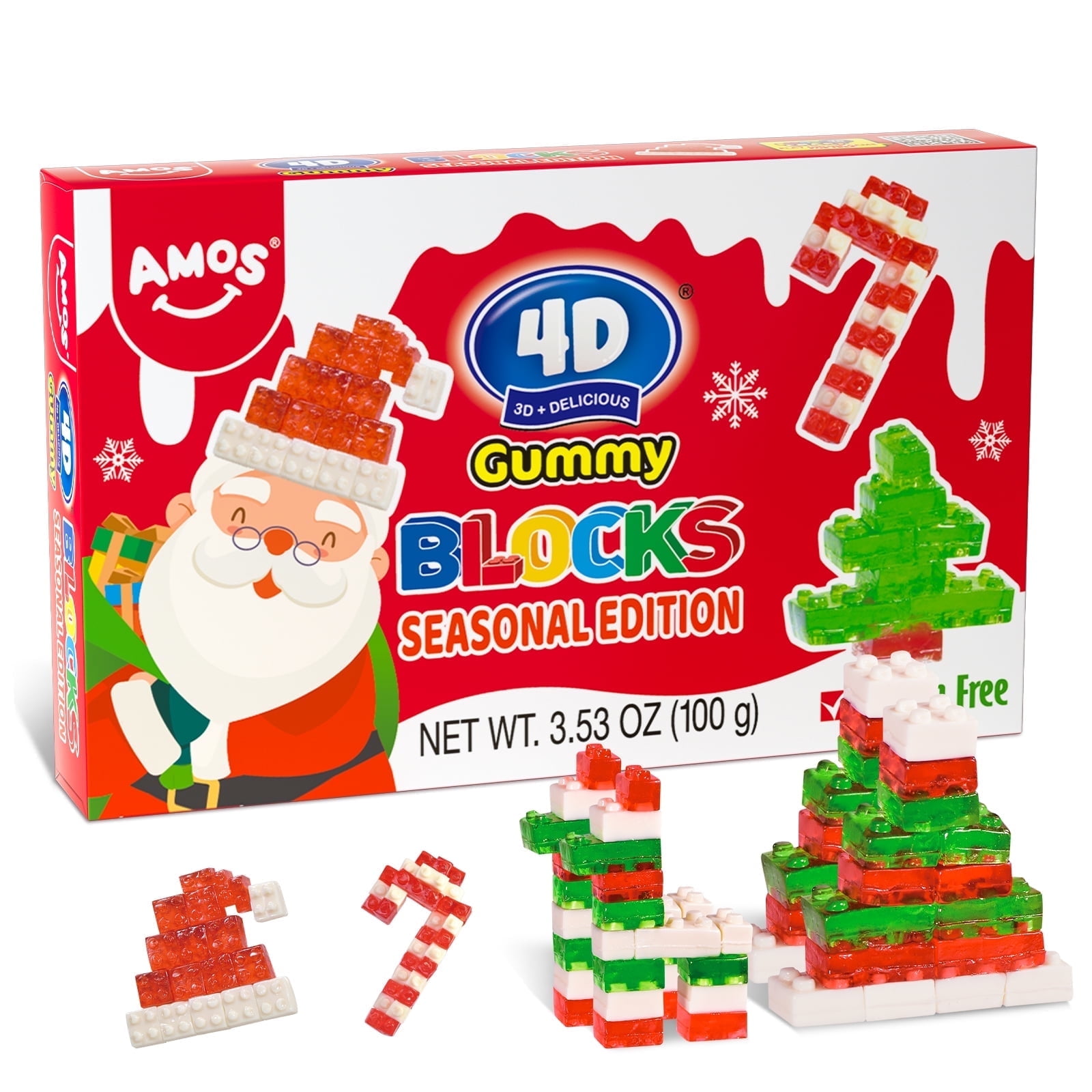 AMOS 4D Christmas Candy Gummy Blocks Fat Free Xmas-themed Theater Gluten-Free Box 3.53oz Pack