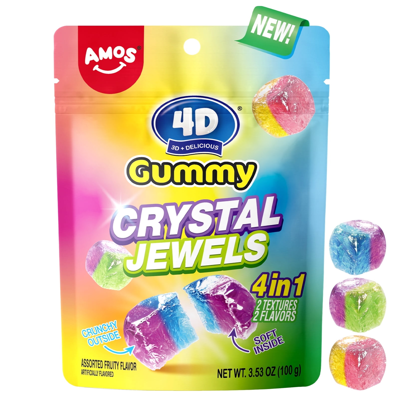 Amos 4D Gummy Candy, Assorted Flavor Candy Crystal Gummy 4 in 1, Fat-Free 3.53 oz(1 Pack)