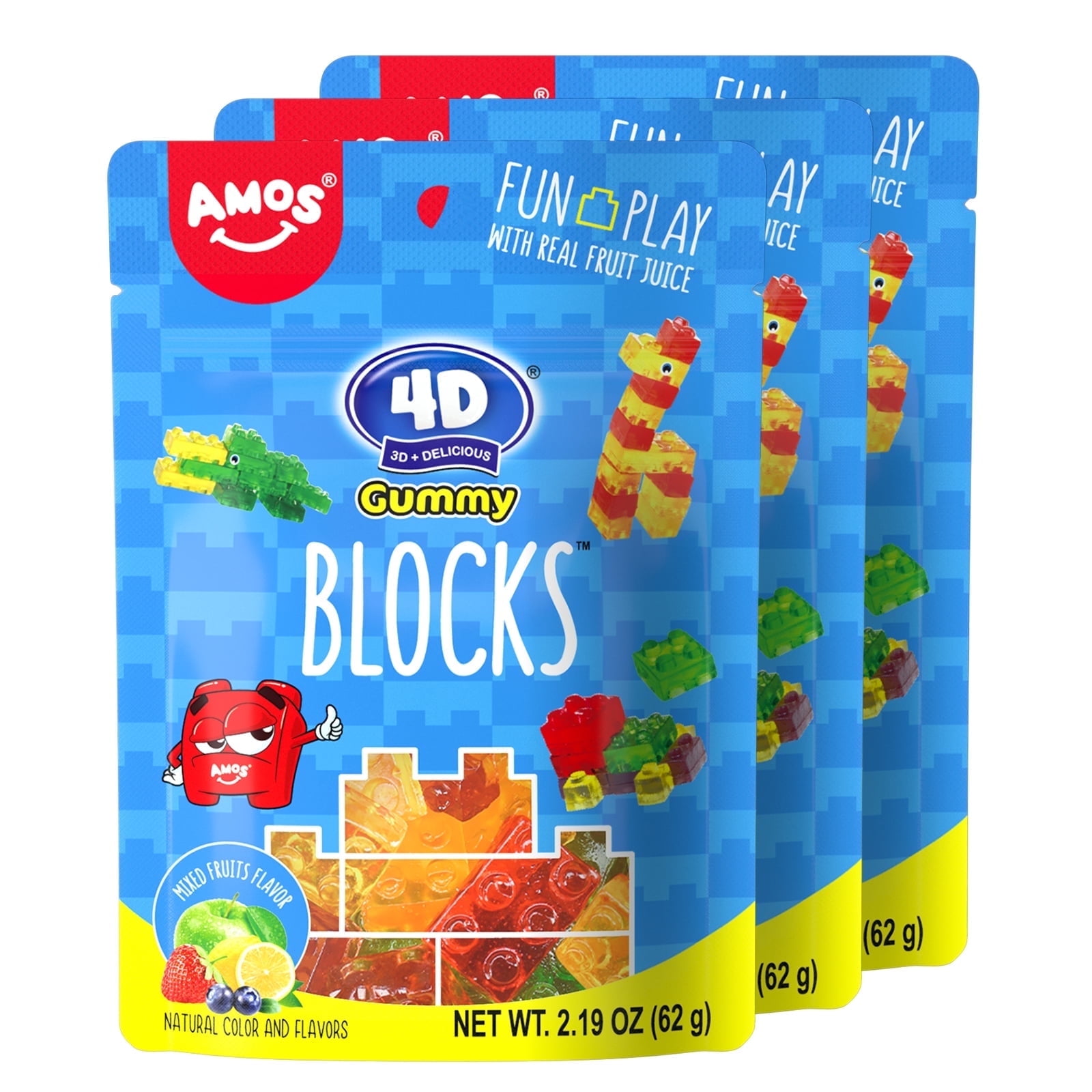 Amos 4D Gummy Candy Brick, Mixed Fruit Gummies Edible Building Blocks, Gifts for Kids 2.29 oz (3 Pack)