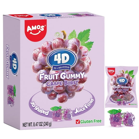Amos 4D Gummy Grape Burst, Gluten-Free, Natural Flavored Fruit Snacks, 1 Pack, 8.47 oz