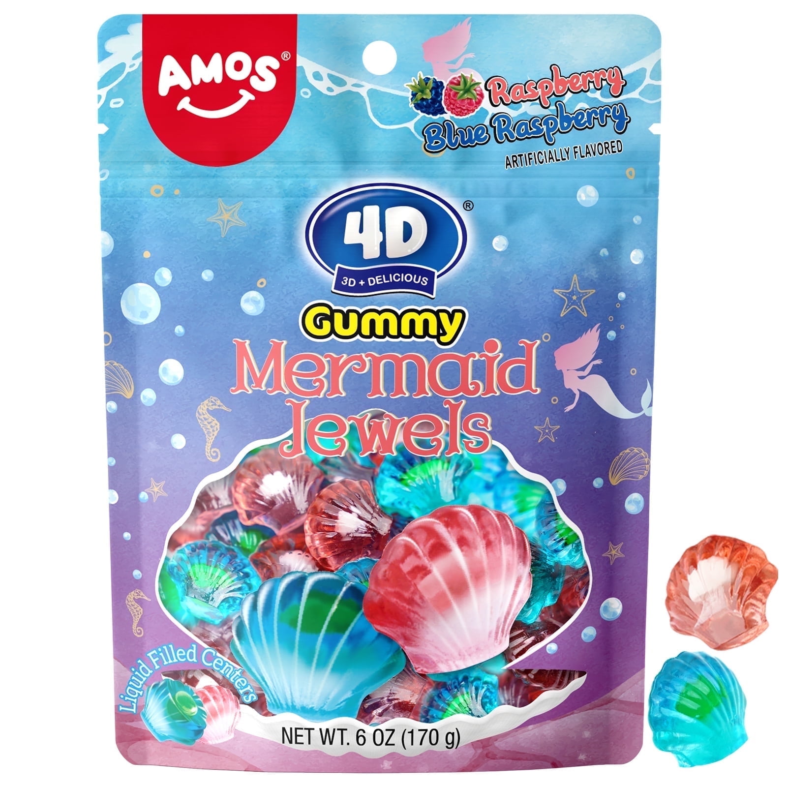 Amos 4D Gummy Mix Bulk Candy Raspberry & Blueberry, Mermaid Jewels Candy Variety Pack, 1 Pack, 6 oz
