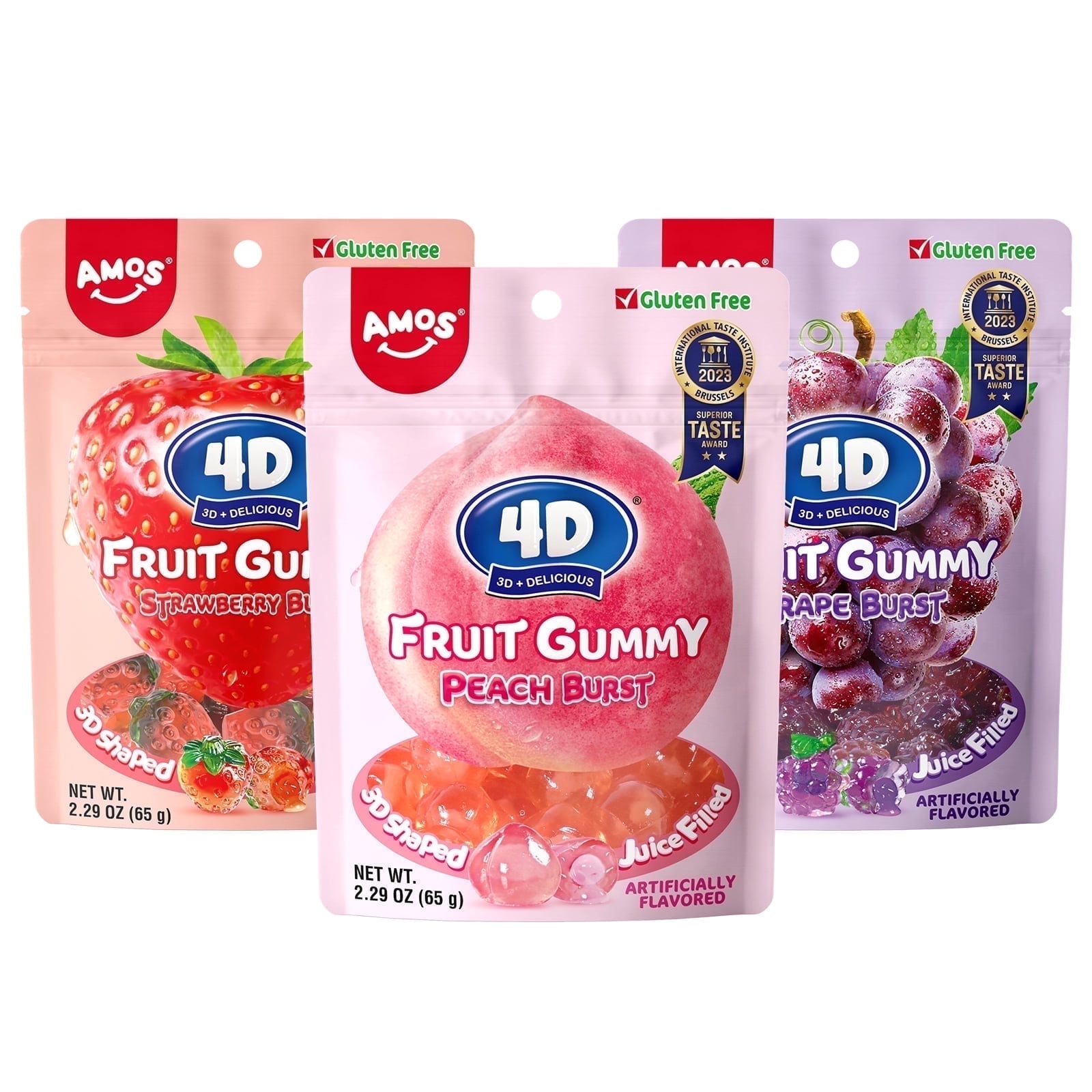 Amos 4D Gummy Mixed Fruit Gummies, Strawberry - Peach - Grape, 2.29 oz (3 Pack)