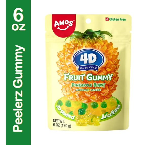 Amos 4D Gummy Candy, Pineapple Burst Chewy Gummy Gulten-Free 6oz (1 Pack)