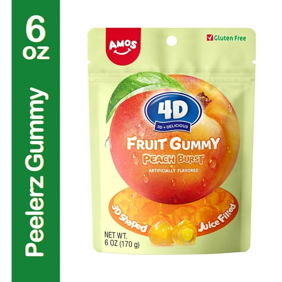 Amos 4D Gummy Candy, Yellow Peach Burst Chewy Gummy Gulten-Free 6oz (1 Pack)