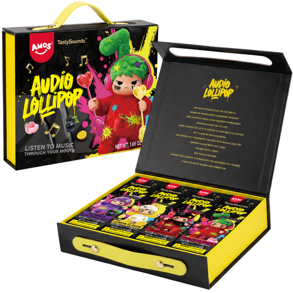 Amos Audio Lollipops Gift Box, Sugar Free Candy Mix Fruit Flavors Music Lollipops, Low Calorie Snack Lollipop Music Sucker (4 Packs)