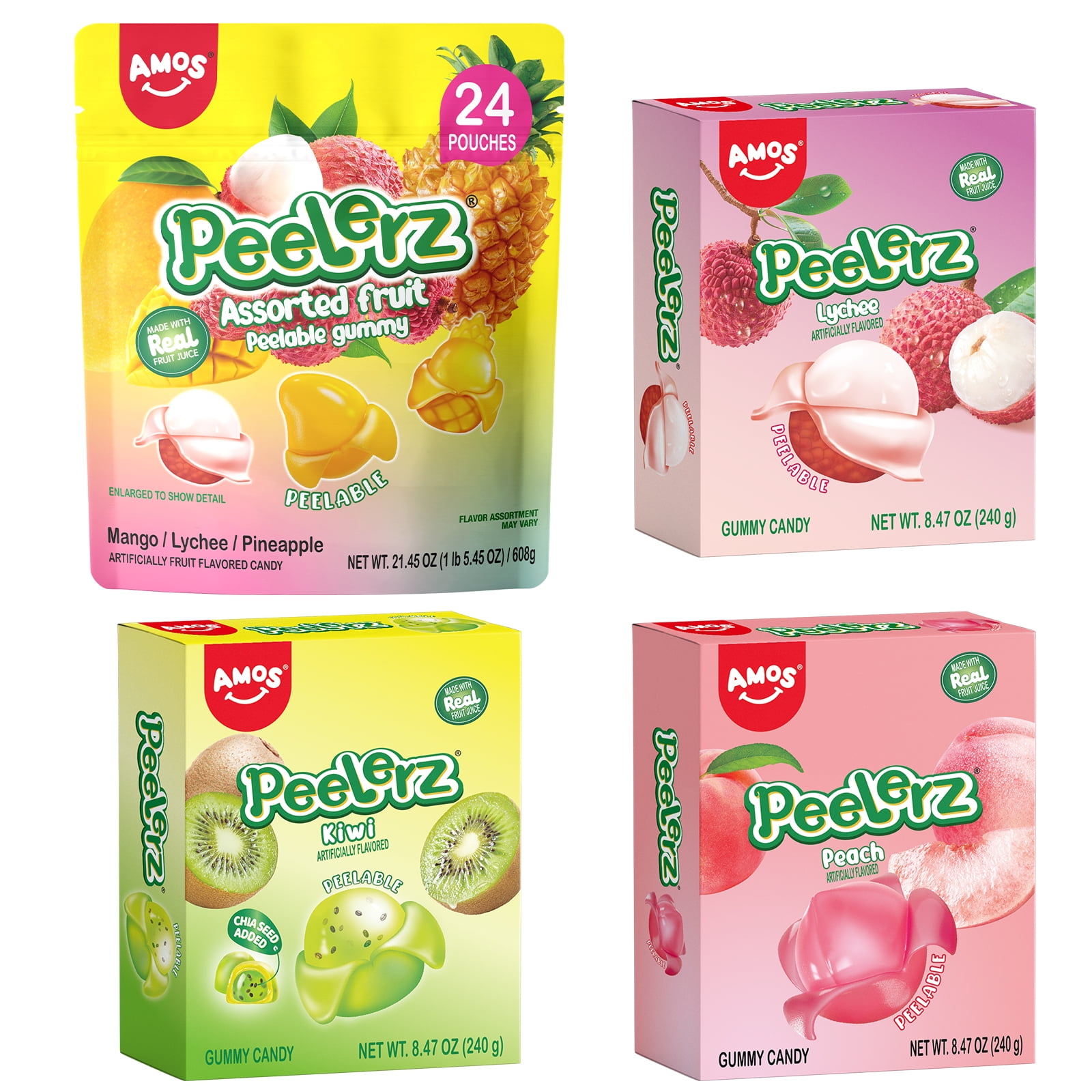 Amos Candy Mixed, Peelerz Gummies Variety Packs, Assorted Fruit & Lychee, Kiwi, Peach Candy Bulk 2.93 Lb  (4 Packs)