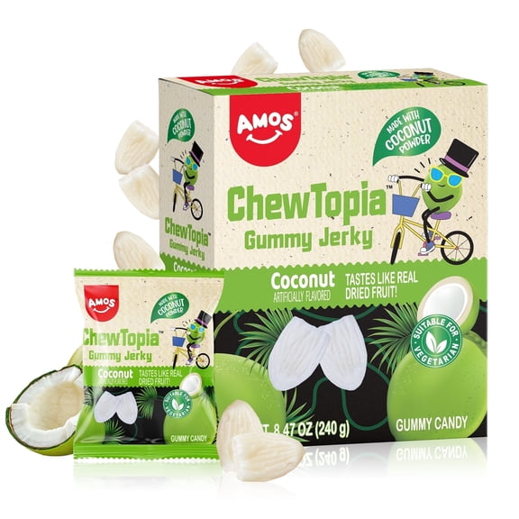 Amos Coconut Gummy Jerky, ChewTopia Vegan Chewy Fruit Snacks, 8.47oz