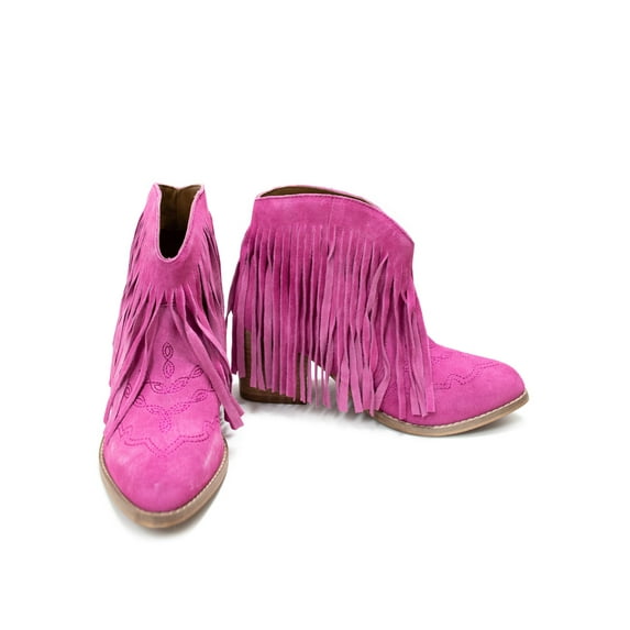 Amos Fringe Ankle Bootie in Magenta Suede