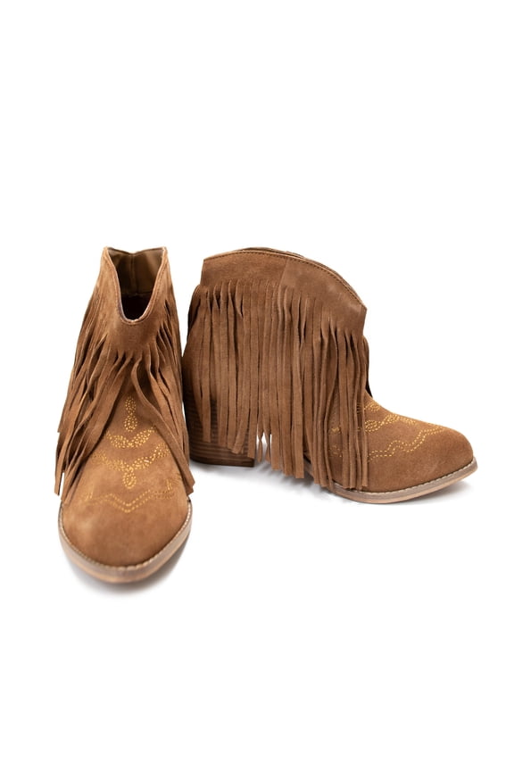 Amos Fringe Ankle Bootie in Tan Suede