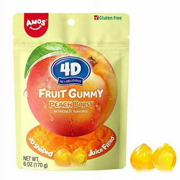 Amos Fruit Burst Peach Gummy Candy, Soft and Juicy, 6 oz Peg Bag (Pack of 12)