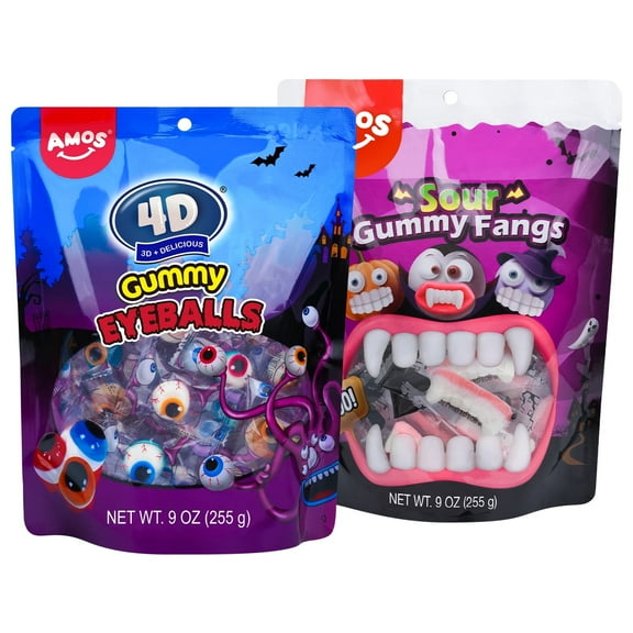 Amos Halloween Candy Variety Pack, Gummy Eyeballs & Sour Fangs, Low-Sugar 9oz (2 Packs)