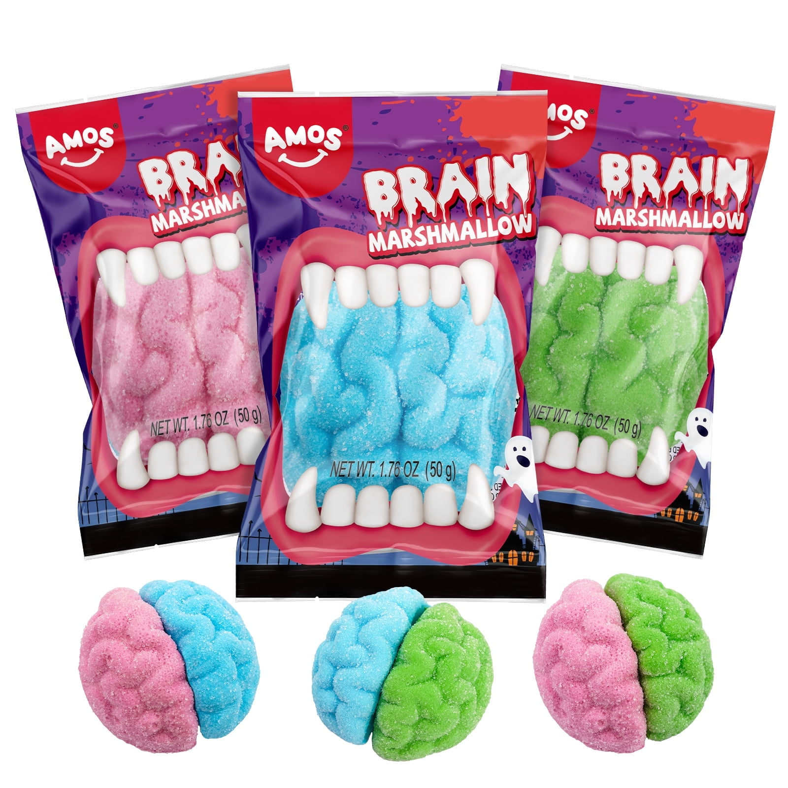 Amos Halloween Gummy Brain Marshallow, Mixed Fruit, 3 Pieces, 5.29oz