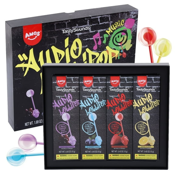 Amos Music Lollipop Gift Box, Hip hop Music Lollipops Mixed Fruit Flavor Sugar-Free Candy (4Counts)