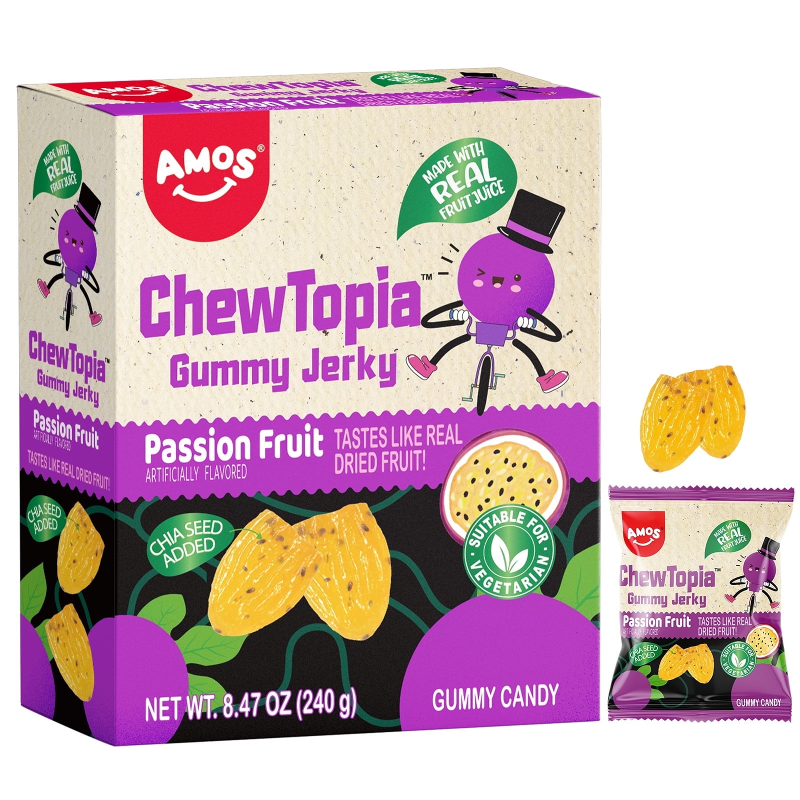 Amos Passion Fruit Gummy Candy, Vegan Chewy Fruit Snacks 8.47oz
