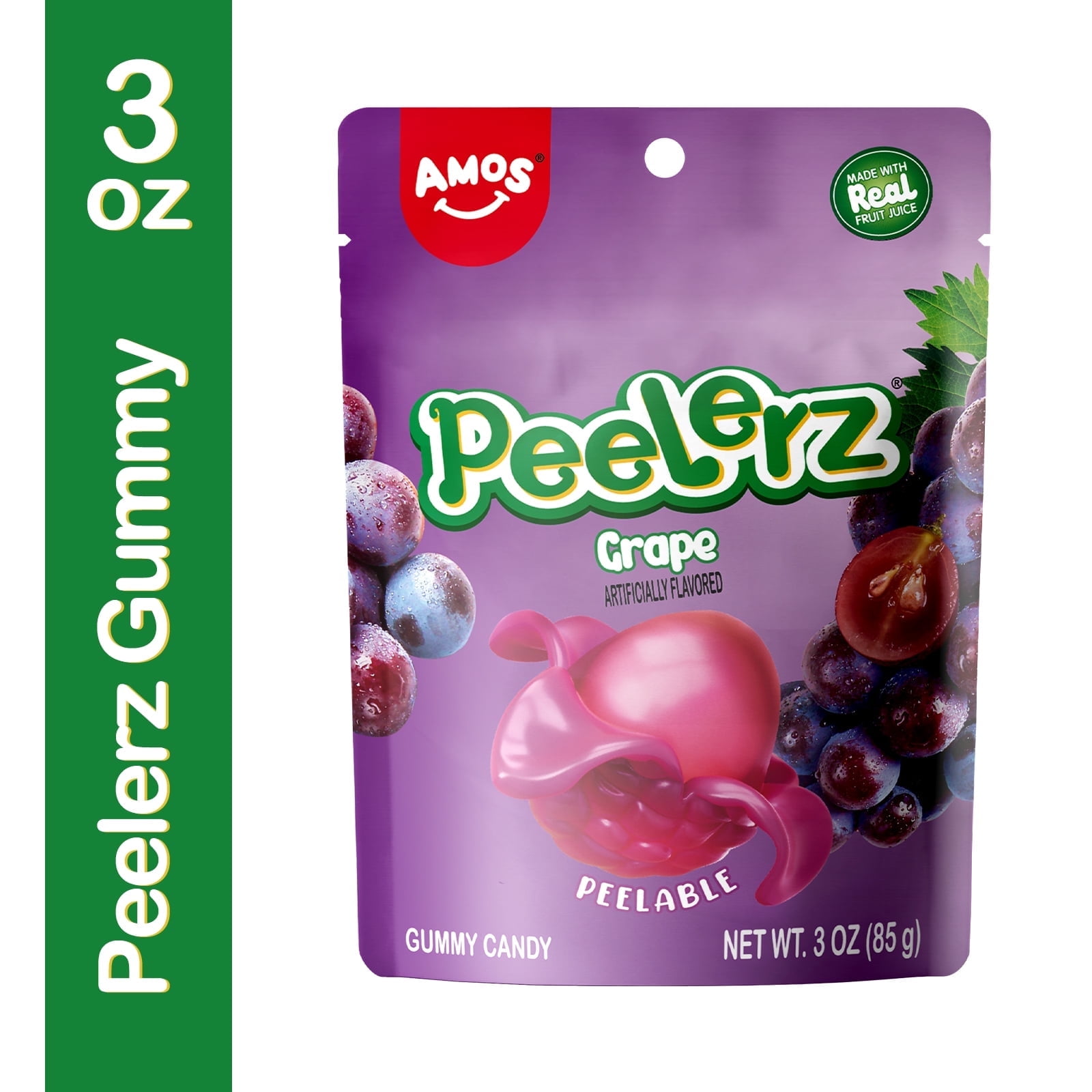 Amos Peelerz Candy Gummy Grape, Real Fruit Juice individually Wrapped 3 oz(1 Pack)